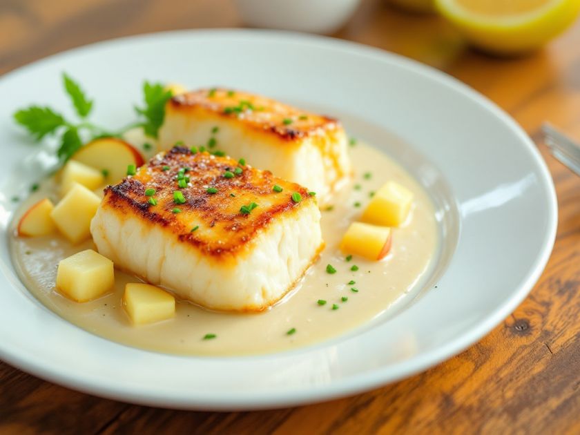 Pavés de Merluza con Salsa de Vieiras y Manzana