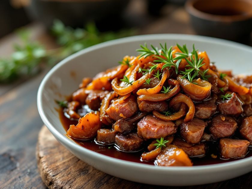 Res beef salteado con salsa de soja y cebollas caramelizadas