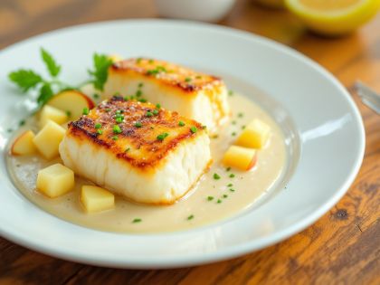 Pavés de Merluza con Salsa de Vieiras y Manzana