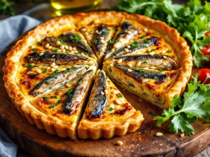 Tarta Sabrosa de Sardinas y Queso con Ajo y Finas Hierbas