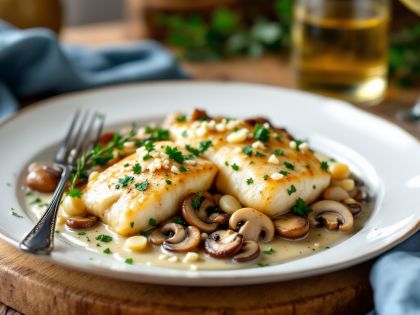 Lucio en Salsa de Vino Blanco y Champiñones Sabrosos